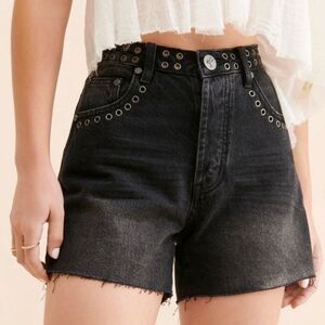 One Teaspoon Black Distressed Jean Shorts with Studded Holes Eyelet Detail